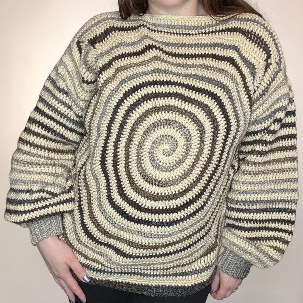 Handmade Neutral Spiral Crochet Sweater Women Large Reversible Balloon Sleeve